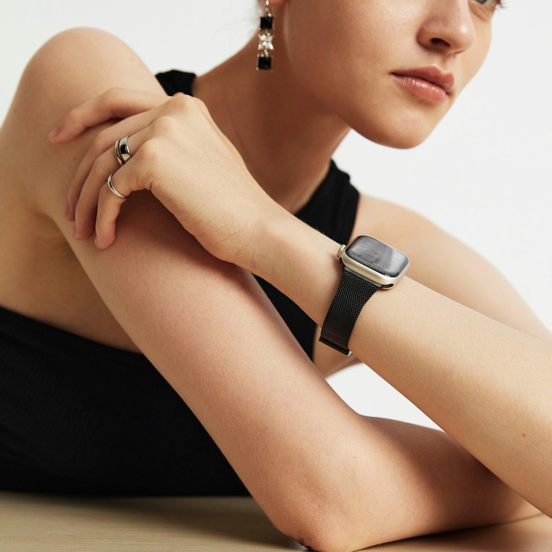 (St-Steel) Slim Milanese Apple Watch Strap - Black