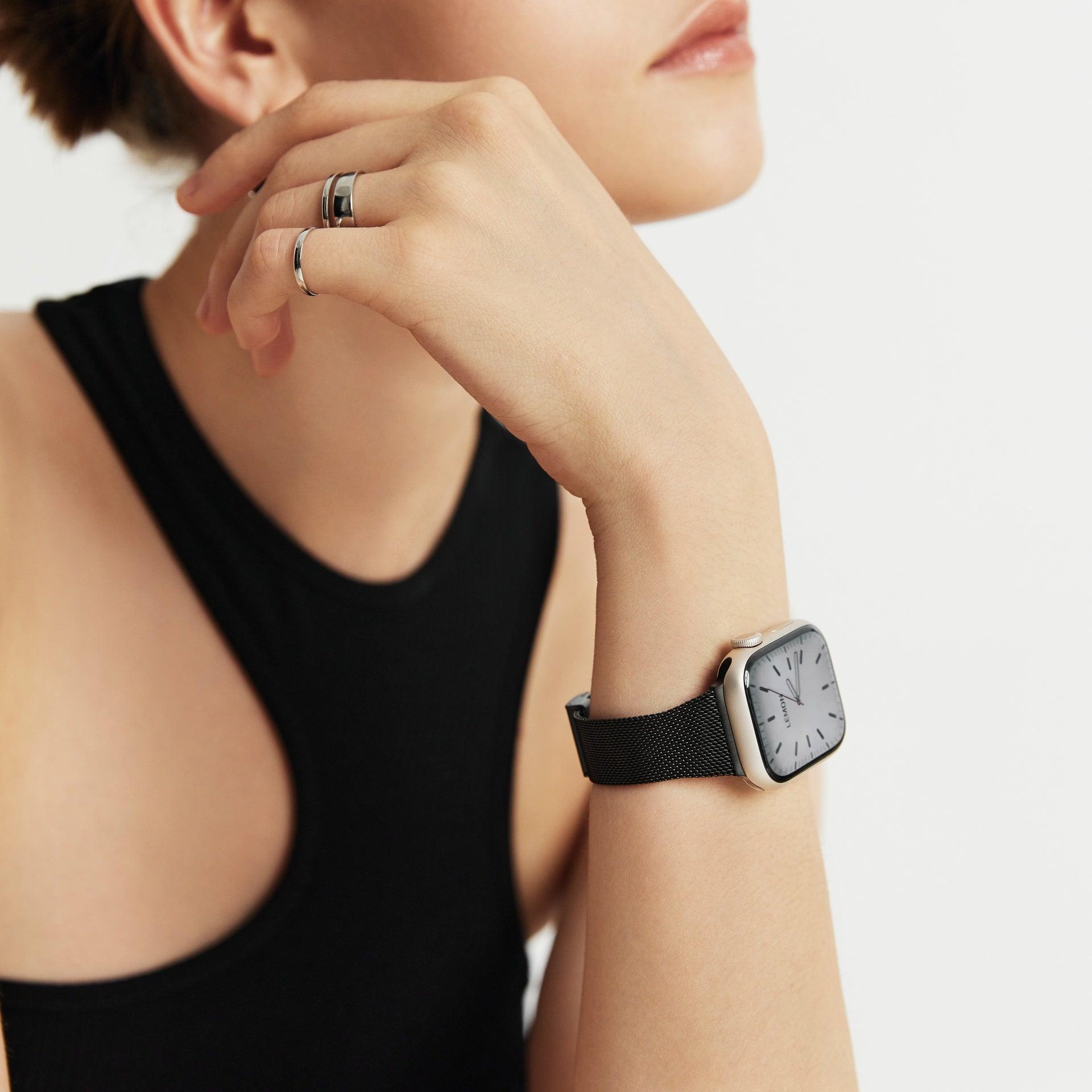 (St-Steel) Slim Milanese Apple Watch Strap - Black