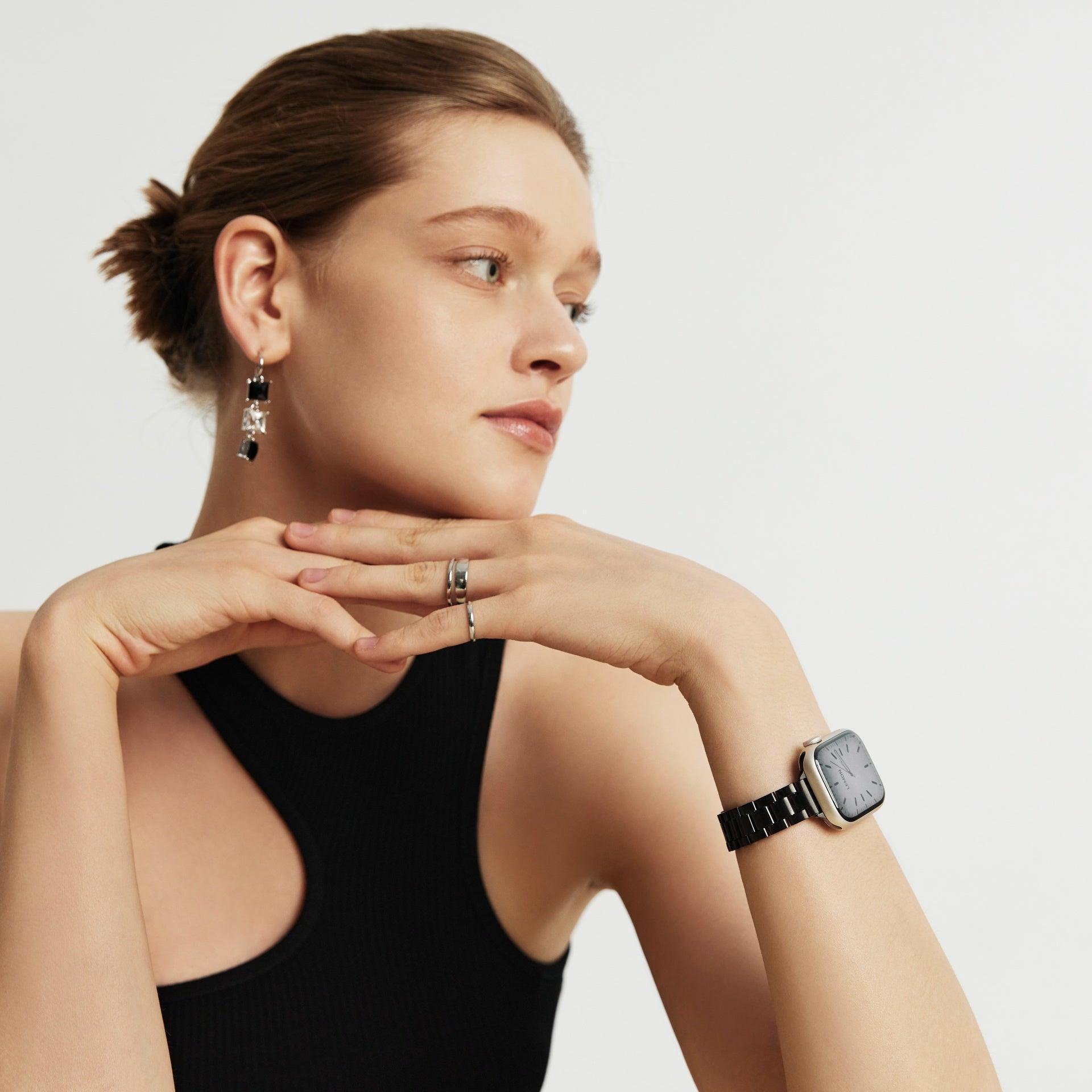 (St-Steel) Slim Oyster Apple Watch Strap - Black